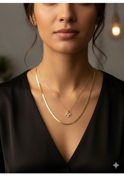 Kadın Italyan Gold Zincir Şemsiye Desenli Kombin Kolye fiyatları