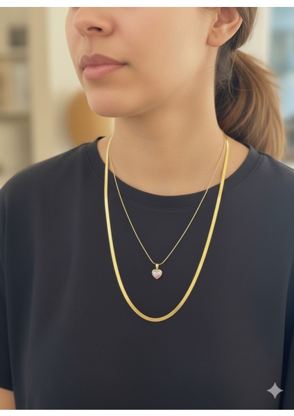 Kadın Italyan Gold Zincir Renkli Kalpli Kolye