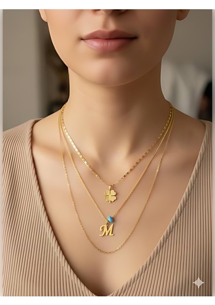 Kadın Gold Harmony Kombin Üçlü M Harfli Kolye