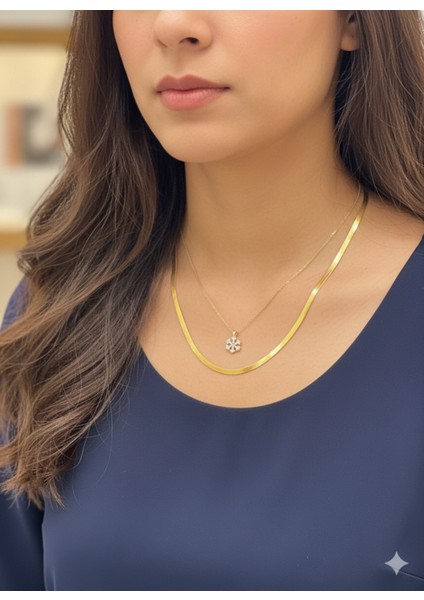 Kadın Italyan Gold Zincir Kar Tanesi Kombin Kolye