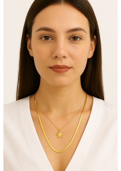 Kadın Italyan Gold Zincir Yıldız Kombin Kolye fiyatları