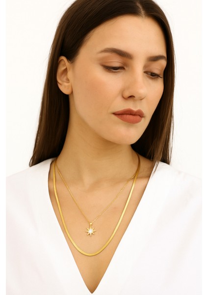 Kadın Italyan Gold Zincir Yıldız Kombin Kolye modelleri