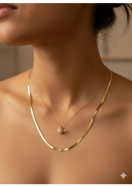 Kadın Italyan Gold Zincir Satürn Kombin Kolye modelleri