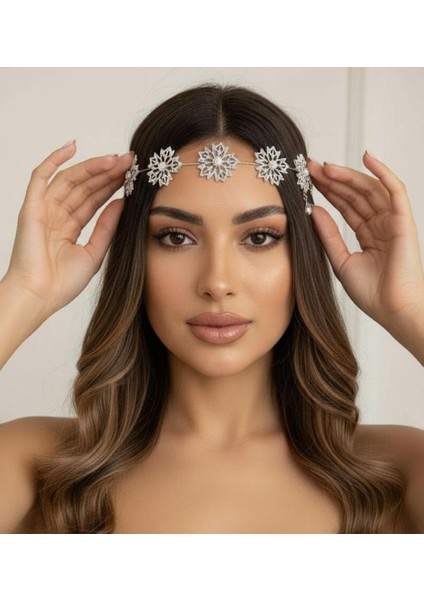 Accessories Çiçek Figürlü Taşlı Saç Aksesuarı, Gelin Tacı, Nişan Nikâh Kına Saç Aksesuarı, Alınlık