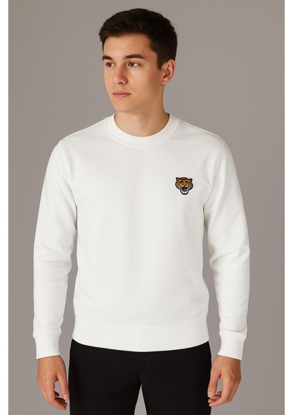 Yüksek Kaliteli Standart Fit Normal Kesim 3 Iplik Bisiklet Yaka Pamuklu Knz Beyaz Sweatshirt