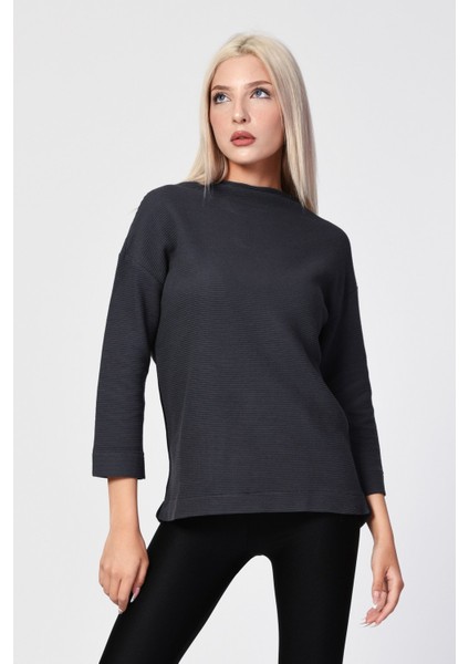 Düşük Omuzlu Oversize Bluz - Antrasit Siyah - 40