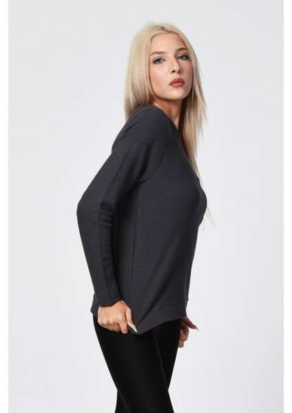 Bisiklet Yaka Bluz - Antrasit Siyah - 36