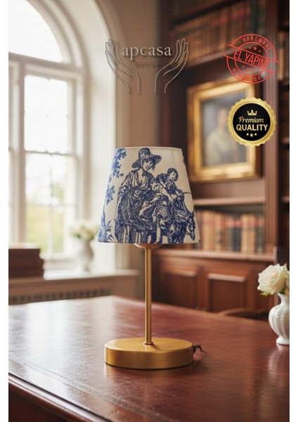 Vintage Mini Toile De Jouy Abajur Fransız Desen Gold Metal Kablolu Ayak Mavi Başlık Masa Lambası