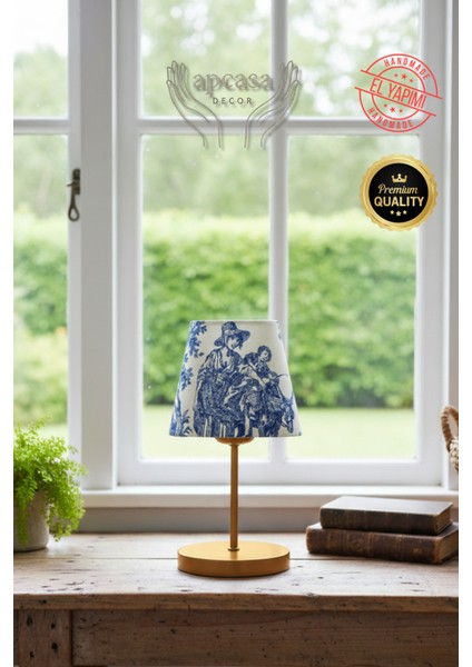 Vintage Mini Toile De Jouy Abajur Fransız Desen Gold Metal Kablolu Ayak Mavi Başlık Masa Lambası