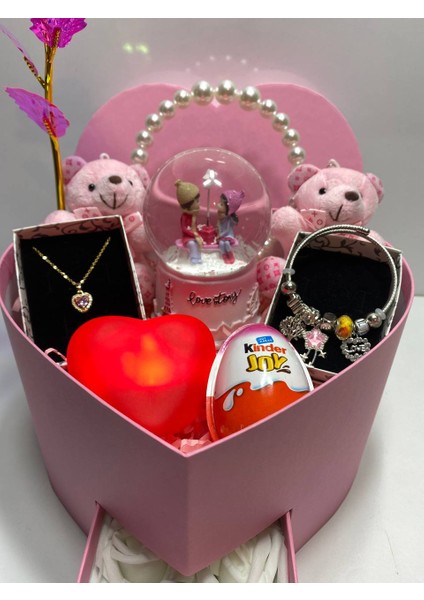 Pembe Kalpli Romantik Hediye Kutusu Sonsuzluk Gülü Işıklı Kar Küresi Peluş Ayıcık Çelik Takılar fiyatları
