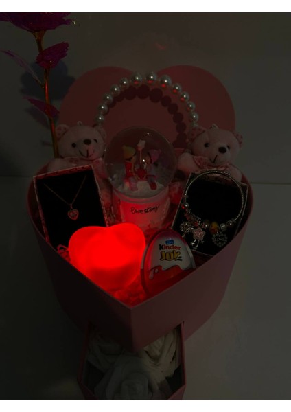 Pembe Kalpli Romantik Hediye Kutusu Sonsuzluk Gülü Işıklı Kar Küresi Peluş Ayıcık Çelik Takılar modelleri