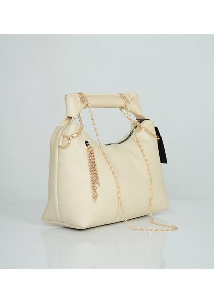 Zincir ve Düğüm Detaylı Deri Çanta-Krem fırsatları