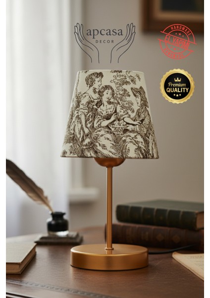 Vintage Mini Toile De Jouy Abajur Fransız Desen Gold Metal Kablolu Ayak Kahverengi Başlık Masa Lambası