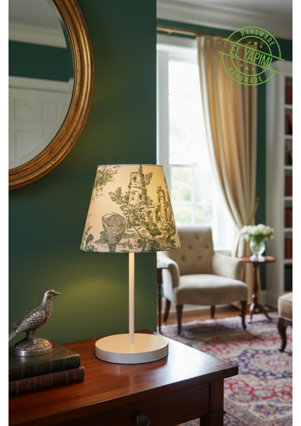 Vintage Mini Toile De Jouy Abajur Fransız Desen Beyaz Metal Kablolu Ayak Yeşil Başlık Masa Lambası