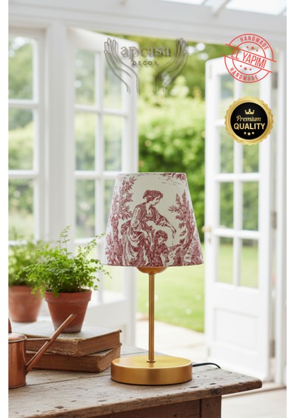 Vintage Mini Toile De Jouy Abajur Fransız Desen Gold Metal Kablolu Ayak Kırmızı Başlık Masa Lambası