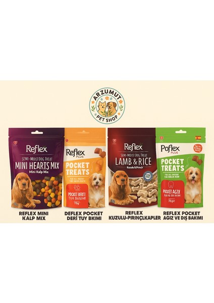 Köpek Ödül Maması 4 Adet(Mini Kalp Mix -Pocket Deri Tüy- Kuzu Vepirinçli -Pocket Ağızvediş)