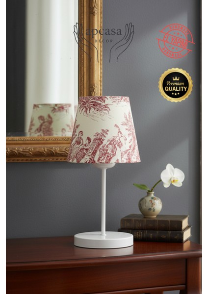 Vintage Mini Toile De Jouy Abajur Fransız Desen Beyaz Metal Kablolu Ayak Kırmızı Başlık Masa Lambası