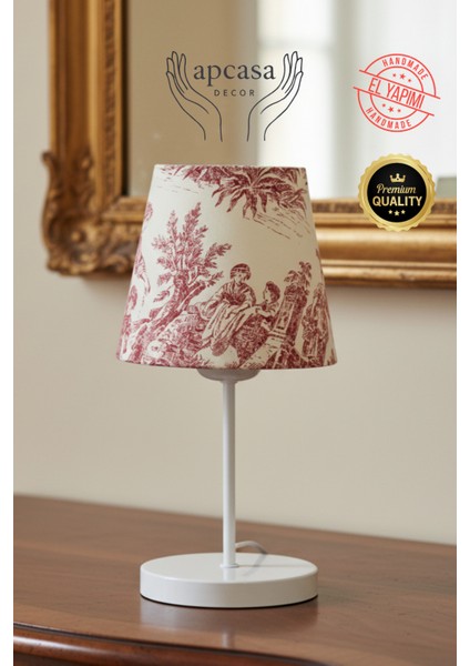 Vintage Mini Toile De Jouy Abajur Fransız Desen Beyaz Metal Kablolu Ayak Kırmızı Başlık Masa Lambası