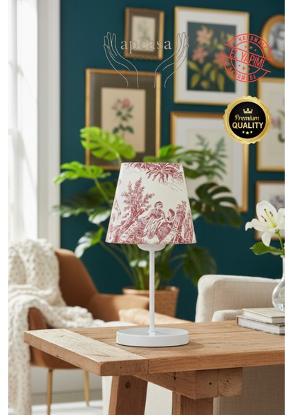Vintage Mini Toile De Jouy Abajur Fransız Desen Beyaz Metal Kablolu Ayak Kırmızı Başlık Masa Lambası