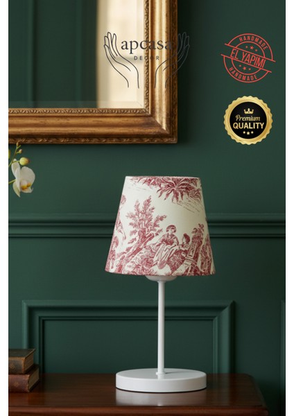 Vintage Mini Toile De Jouy Abajur Fransız Desen Beyaz Metal Kablolu Ayak Kırmızı Başlık Masa Lambası