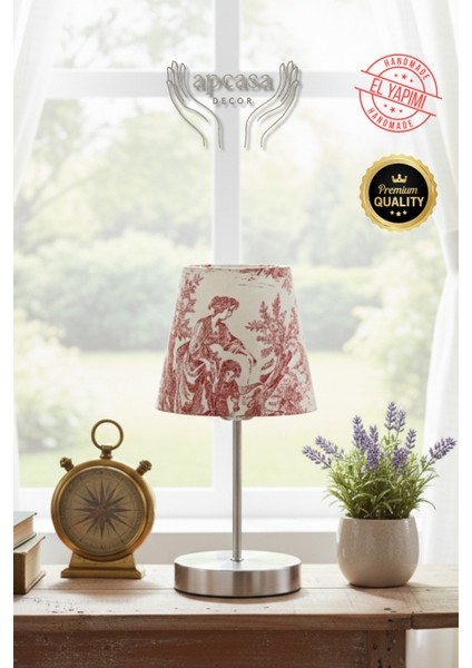 Vintage Mini Toile De Jouy Abajur Fransız Desen Gri Metal Kablolu Ayak Kırmızı Başlık Masa Lambası