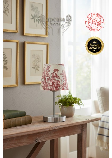 Vintage Mini Toile De Jouy Abajur Fransız Desen Gri Metal Kablolu Ayak Kırmızı Başlık Masa Lambası