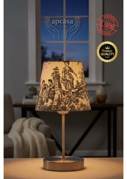 Vintage Mini Toile De Jouy Abajur Fransız Desen Gri Metal Kablolu Ayak Siyah Başlık Masa Lambası