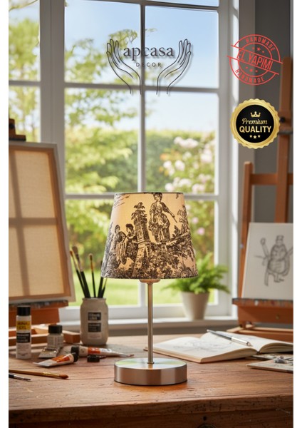 Vintage Mini Toile De Jouy Abajur Fransız Desen Gri Metal Kablolu Ayak Siyah Başlık Masa Lambası