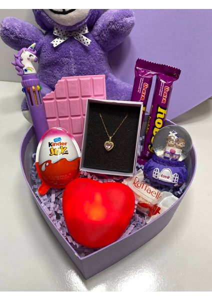Mor Kalp Kutu Hediye Seti - Peluş Ayıcık, Işıklı Kalp, Çelik Kolye ve Tatlı Sürprizler fiyatları