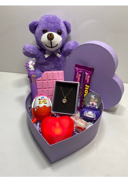 Mor Kalp Kutu Hediye Seti - Peluş Ayıcık, Işıklı Kalp, Çelik Kolye ve Tatlı Sürprizler fırsatları