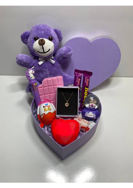 Mor Kalp Kutu Hediye Seti - Peluş Ayıcık, Işıklı Kalp, Çelik Kolye ve Tatlı Sürprizler indirimleri