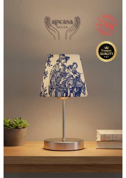 Vintage Mini Toile De Jouy Abajur Fransız Desen Gri Metal Kablolu Ayak Mavi Başlık Masa Lambası