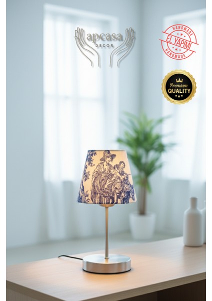 Vintage Mini Toile De Jouy Abajur Fransız Desen Gri Metal Kablolu Ayak Mavi Başlık Masa Lambası indirimleri
