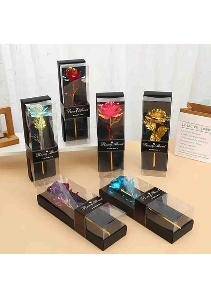 Sonsuzluk Gülü Özel Kutulu LED Işıklı Hediyelik Eşya Dekoratif Romantik Yapay Gül 1 Adet Renkli Çiçek Sevgiliye Sürpriz Hediye