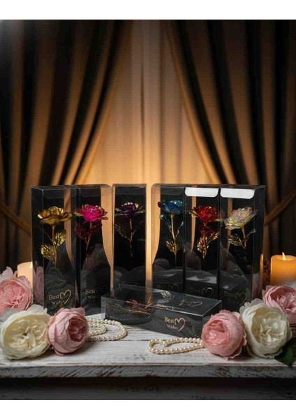 Sonsuzluk Gülü Özel Kutulu LED Işıklı Hediyelik Eşya Dekoratif Romantik Yapay Gül 1 Adet Renkli Çiçek Sevgiliye Sürpriz Hediye fırsatları