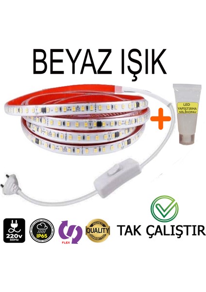 220V Şerit LED Yüksek Işık Fişli ve Anahtarlı Beyaz Işık 6 Metre ((Adaptör Trafo Yok Tak Çalıştır)