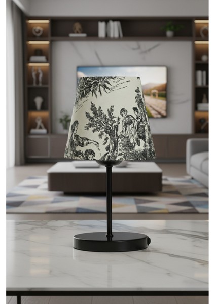 Vintage Mini Toile De Jouy Abajur Fransız Desen Siyah Metal Kablolu Ayak Siyah Başlık Masa Lambası