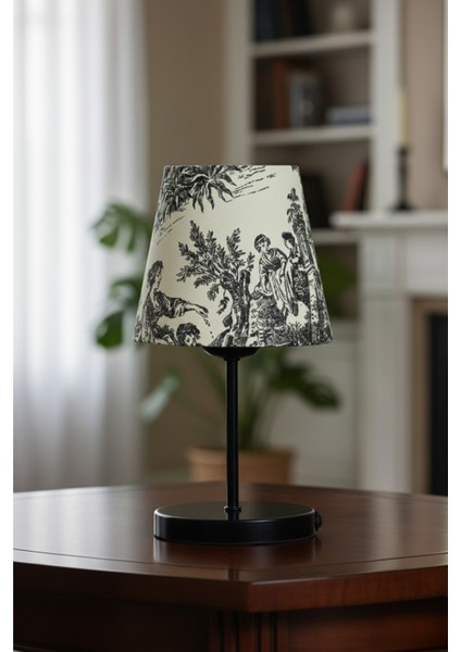 Vintage Mini Toile De Jouy Abajur Fransız Desen Siyah Metal Kablolu Ayak Siyah Başlık Masa Lambası fırsatları