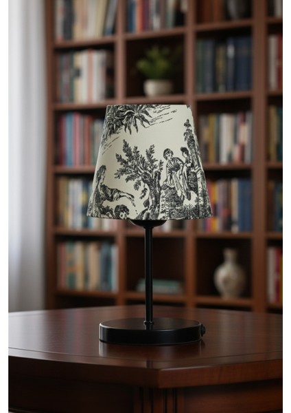 Vintage Mini Toile De Jouy Abajur Fransız Desen Siyah Metal Kablolu Ayak Siyah Başlık Masa Lambası indirimleri