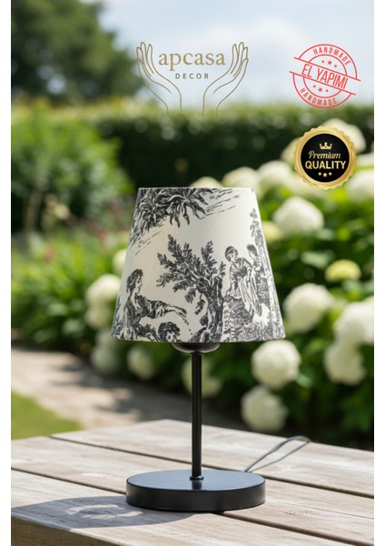 Vintage Mini Toile De Jouy Abajur Fransız Desen Siyah Metal Kablolu Ayak Siyah Başlık Masa Lambası