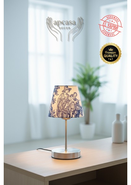 Vintage Mini Toile De Jouy Abajur Fransız Desen Gri Metal Kablolu Ayak Mavi Başlık Masa Lambası