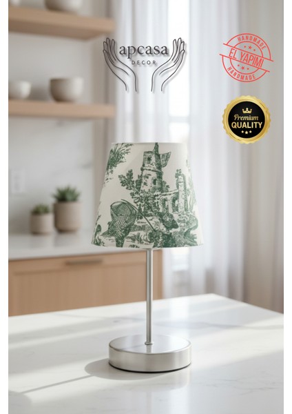 Vintage Mini Toile De Jouy Abajur Fransız Desen Gri Metal Kablolu Ayak Yeşil Başlık Masa Lambası