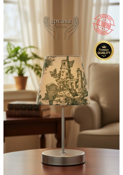 Vintage Mini Toile De Jouy Abajur Fransız Desen Gri Metal Kablolu Ayak Yeşil Başlık Masa Lambası indirimleri