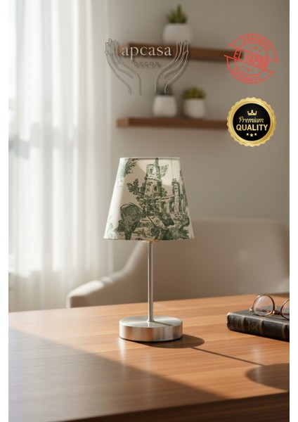Vintage Mini Toile De Jouy Abajur Fransız Desen Gri Metal Kablolu Ayak Yeşil Başlık Masa Lambası
