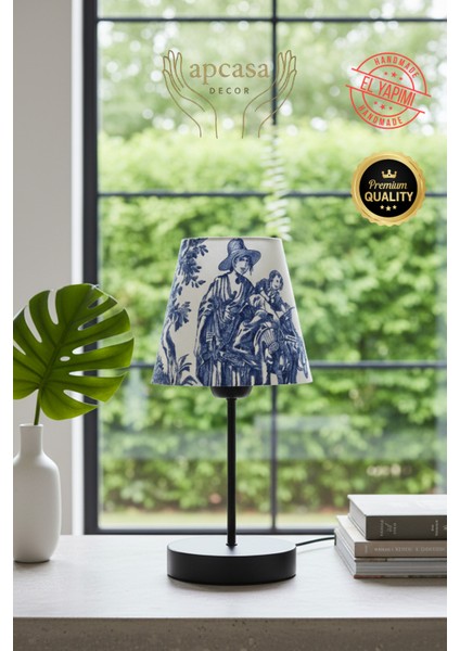 Vintage Mini Toile De Jouy Abajur Fransız Desen Siyah Metal Kablolu Ayak Mavi Başlık Masa Lambası