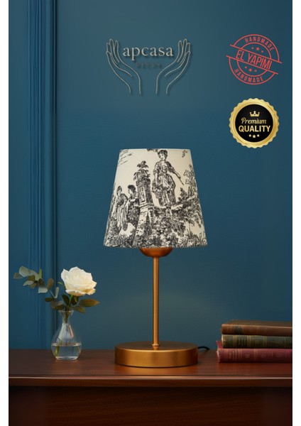 Vintage Mini Toile De Jouy Abajur Fransız Desen Gold Metal Kablolu Ayak Siyah Başlık Masa Lambası