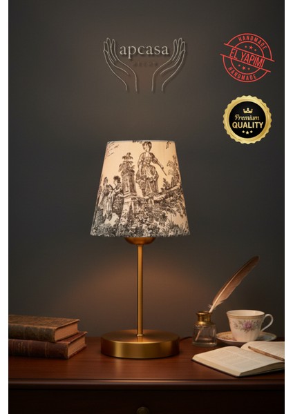 Vintage Mini Toile De Jouy Abajur Fransız Desen Gold Metal Kablolu Ayak Siyah Başlık Masa Lambası