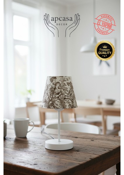 Vintage Mini Toile De Jouy Abajur Fransız Desen Beyaz Metal Kablolu Ayak Kahverengi Başlık Masa Lambası indirimleri