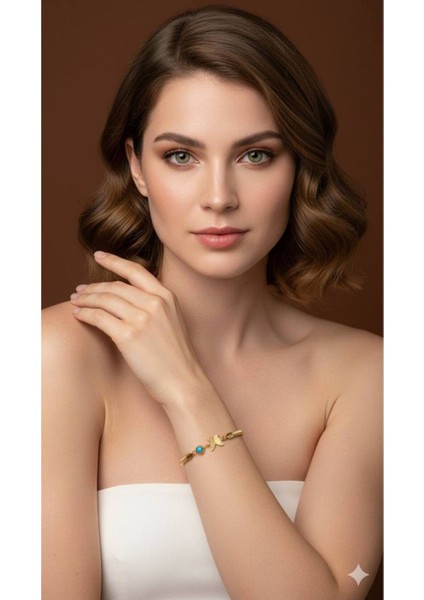 Kadın Çift Kelebek Mavi Taş Gold Bileklik