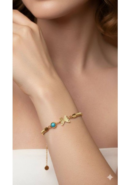 Kadın Çift Kelebek Mavi Taş Gold Bileklik fiyatları